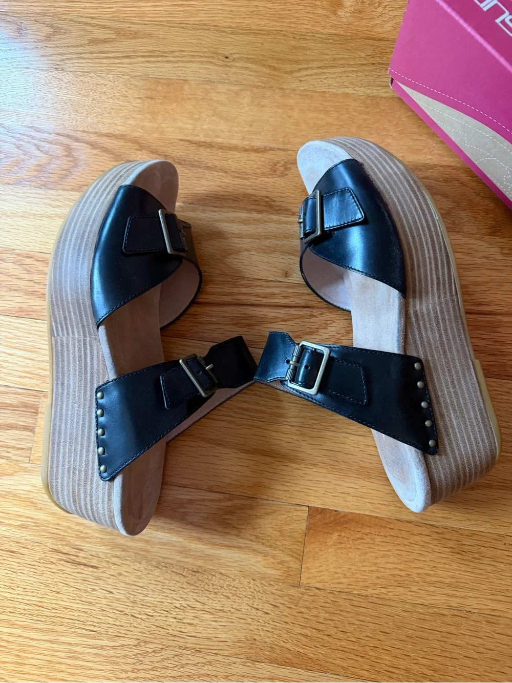 Dansko Black Double-Buckle Wedge Slide Sandals